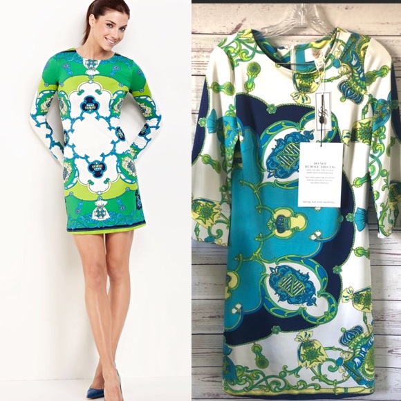 Julie Brown Equestrian Print Aqua teal print shift - Picture 1 of 7